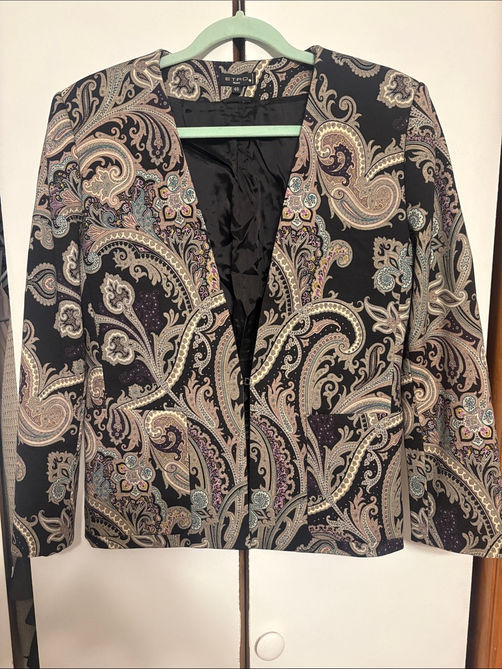 ETRO Milano Vintage Wool-Blend Paisley Jacquard Collarless Jacket Blazer It 48